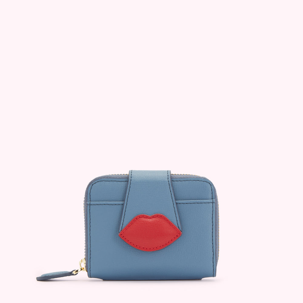 small blue wallet with red lip