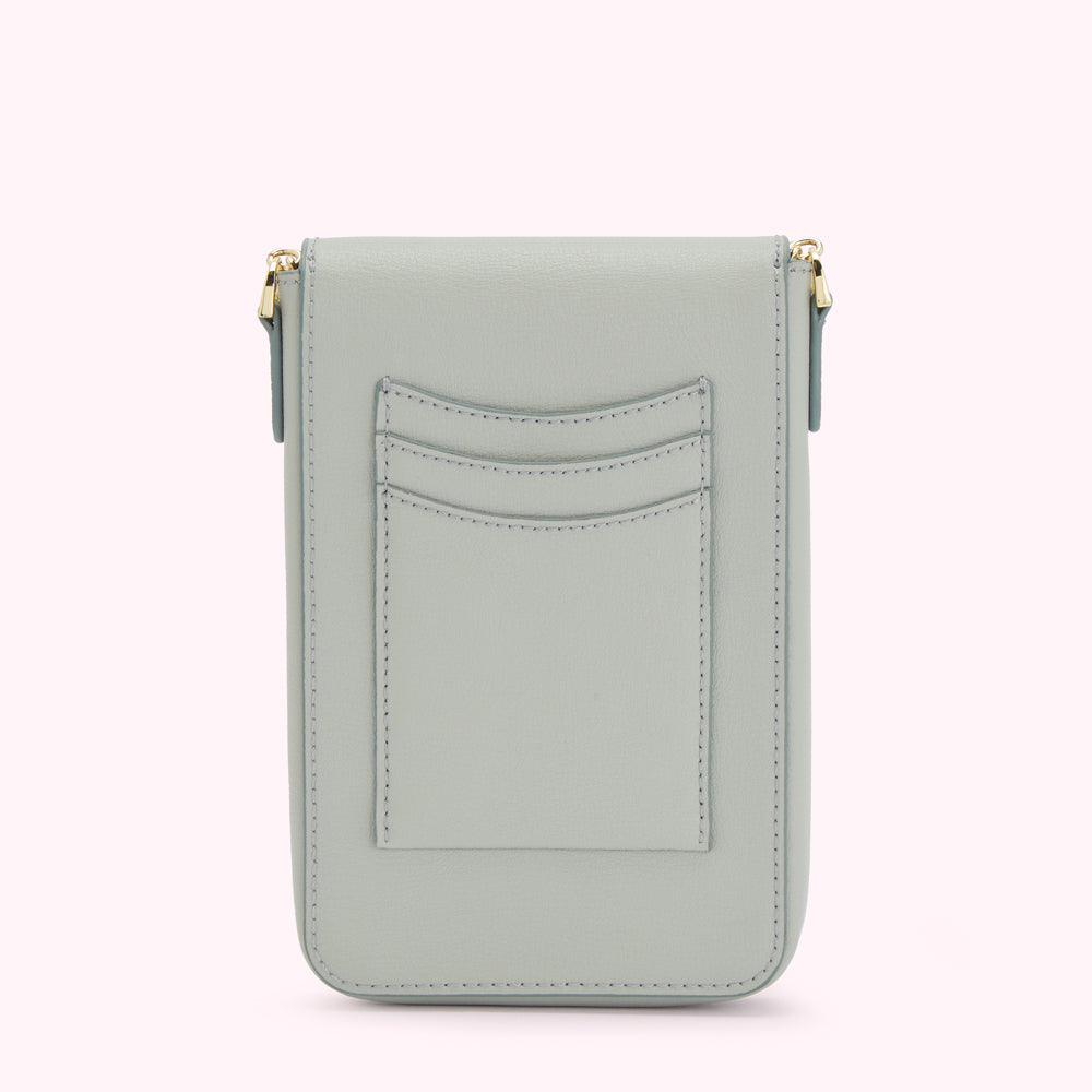 Light teal leather phone crossbody bag with multiple card slots.
