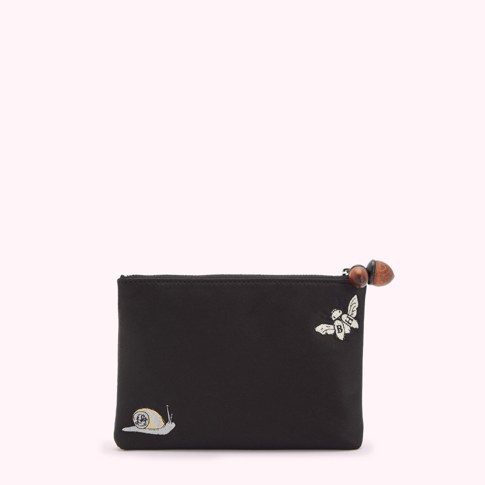Black pouch with embroidered bee and snail, wood zipper pull.