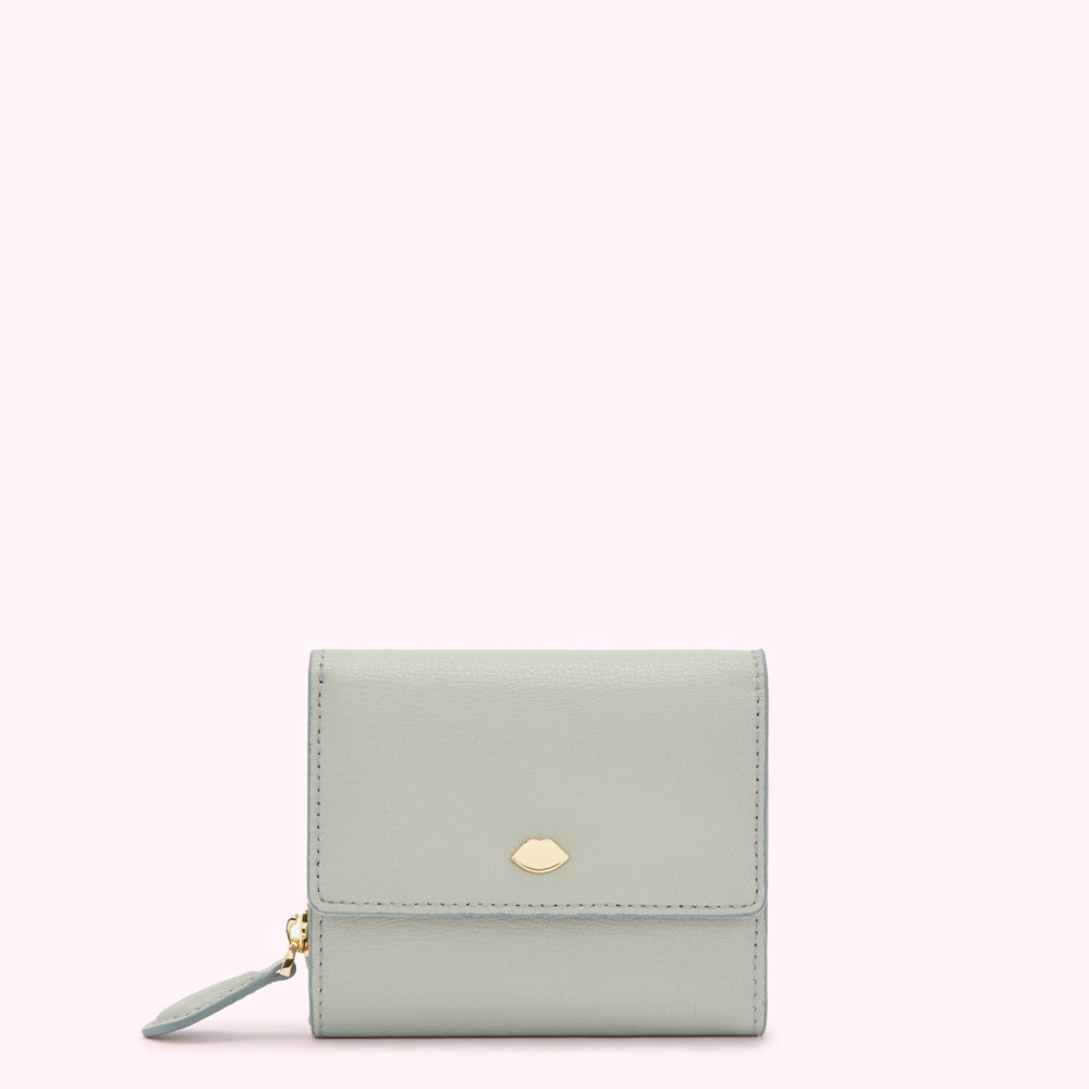 Light blue leather wallet with gold zipper and logo.

