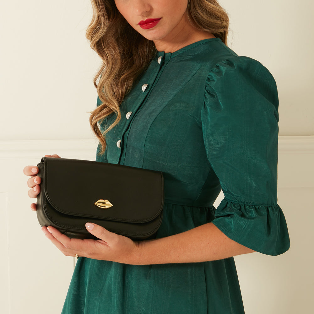 BLACK LEATHER CARA CLUTCH BAG