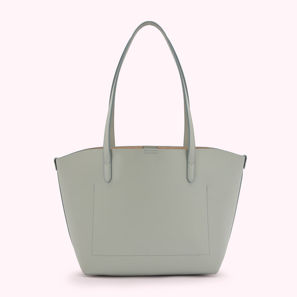 Sage green tote bag on white background.
