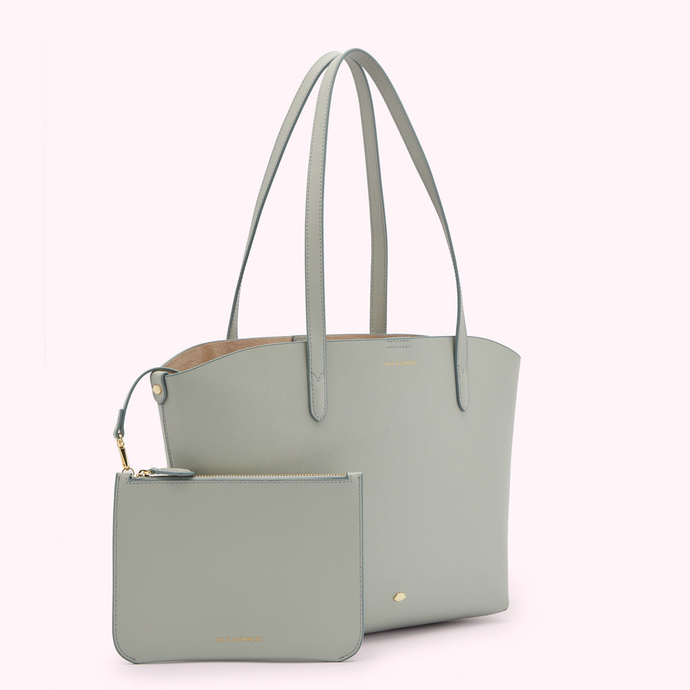 Light sage green tote bag and matching zipper pouch.