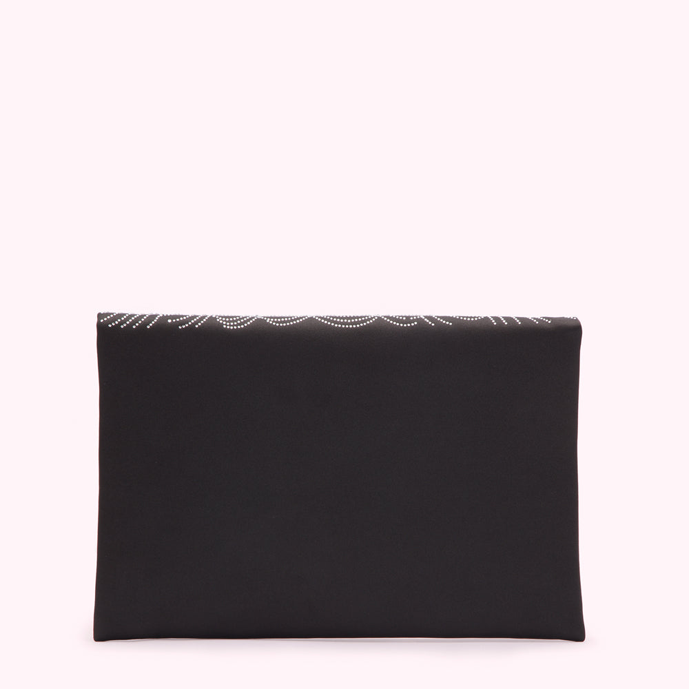 Black clutch with rhinestone detailing.
