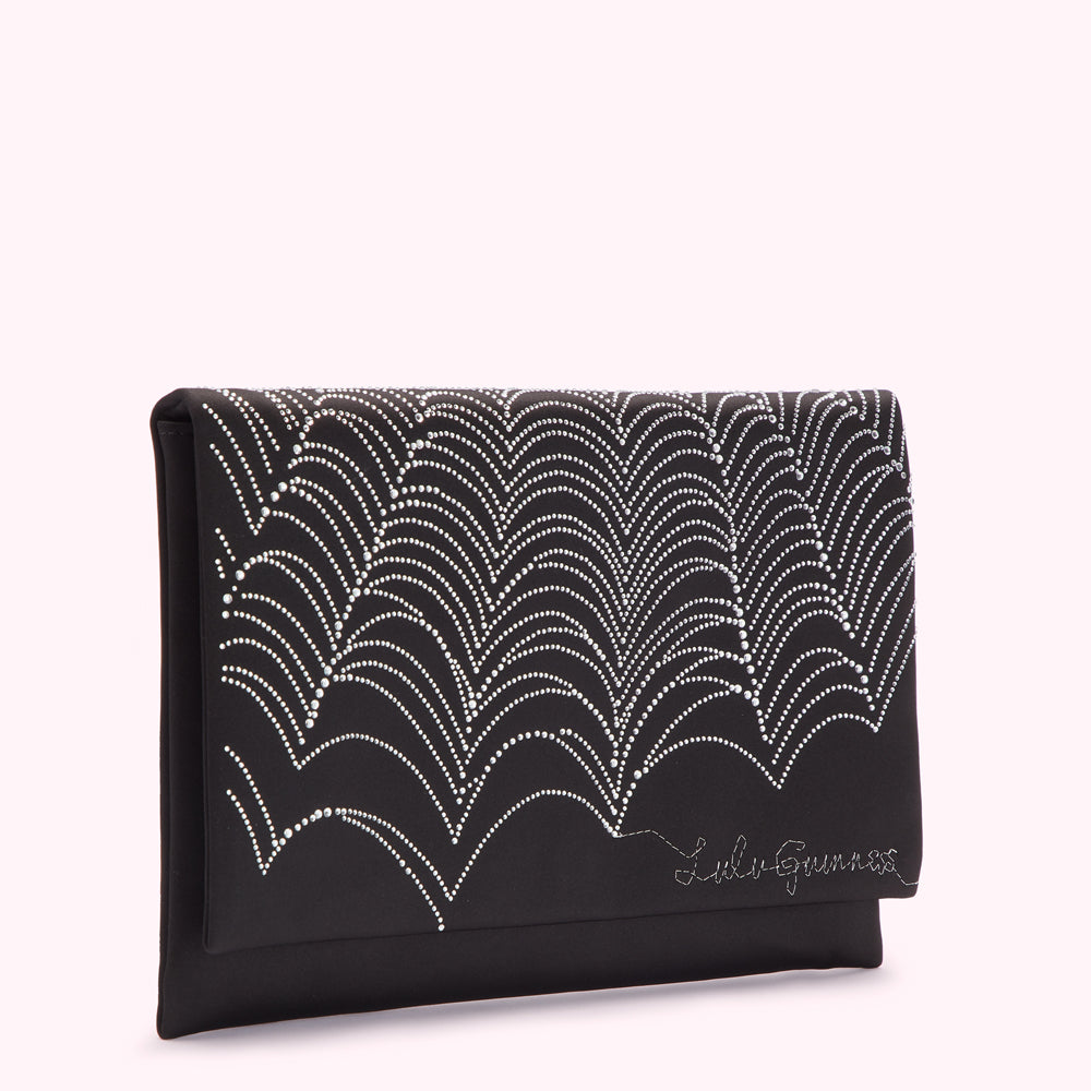 Black satin clutch with silver embellishments in an art deco design.
