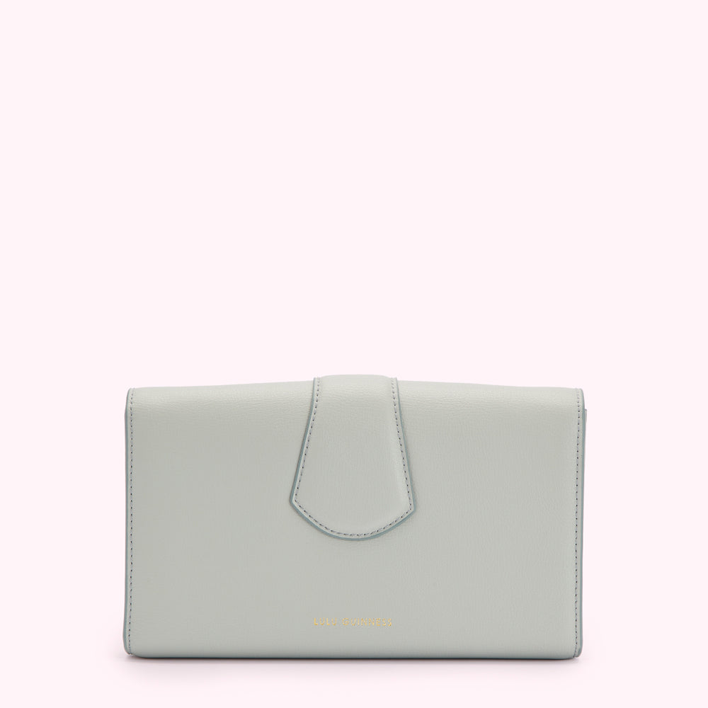 Light teal leather wallet on white background.
