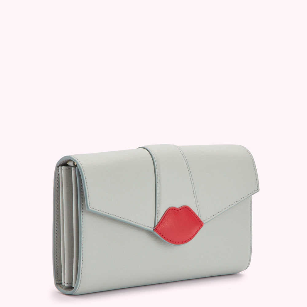 Light grey leather wallet with a red lip detail.
