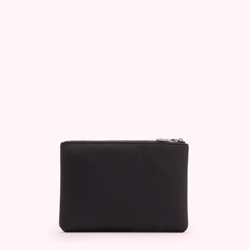 Black zippered pouch on white background.
