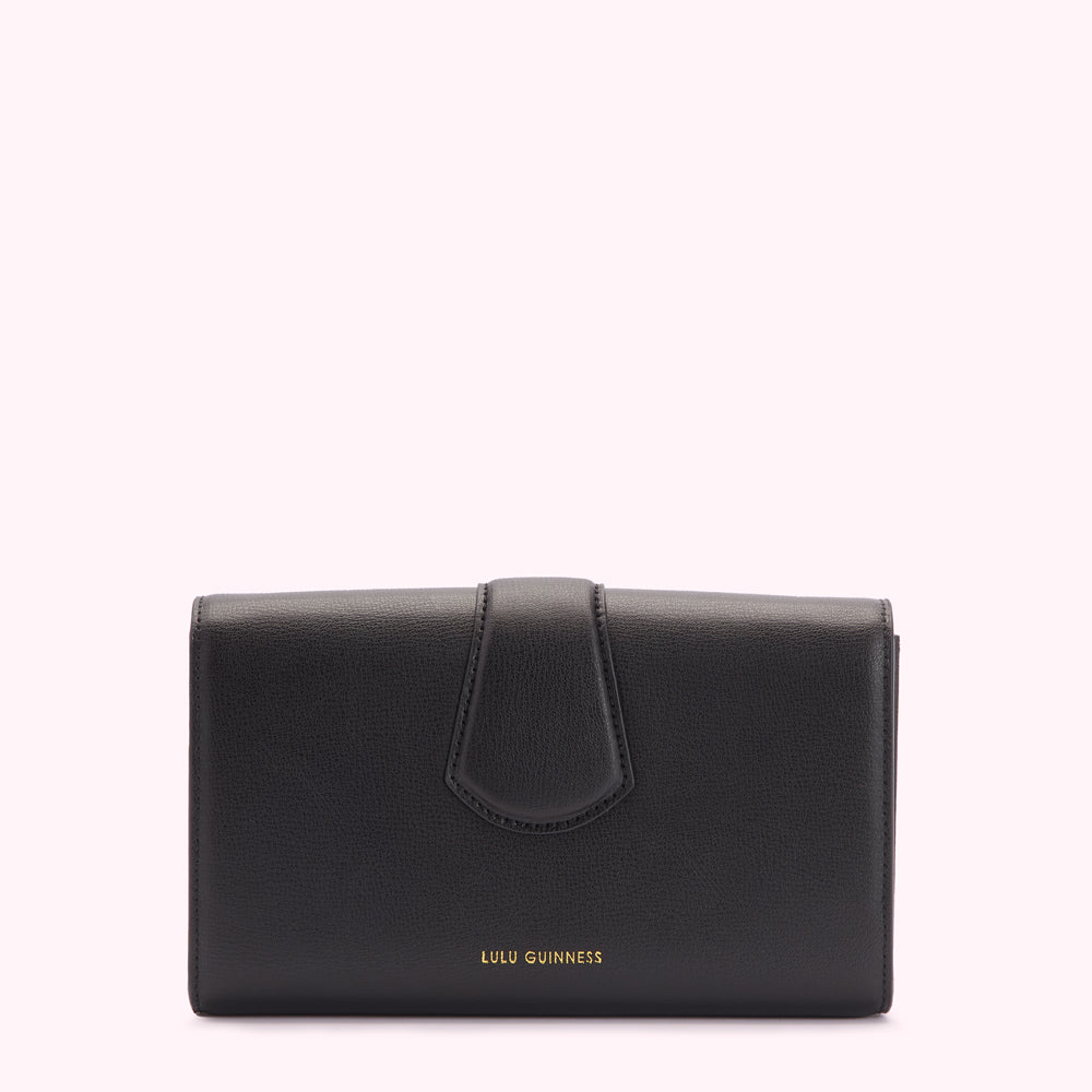 Black Lulu Guinness leather wallet against a white background.
