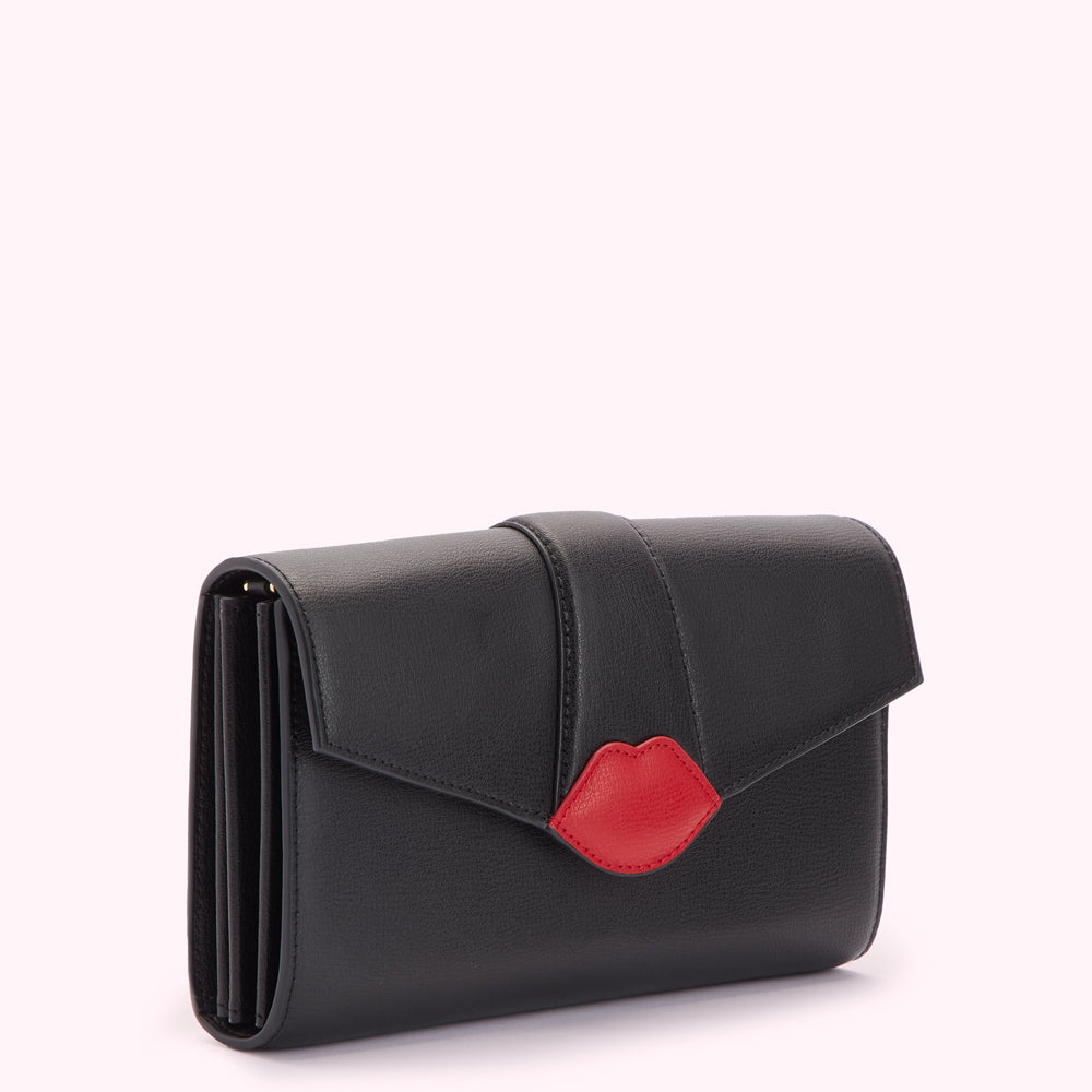 Black leather wallet with a red lip detail.
