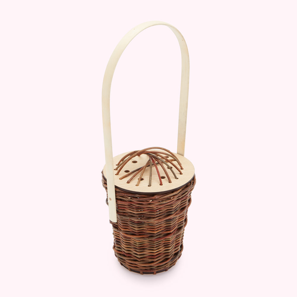A small, brown wicker basket with a wooden handle and a round, wooden top with holes in it. The basket is sitting on a white background. 
