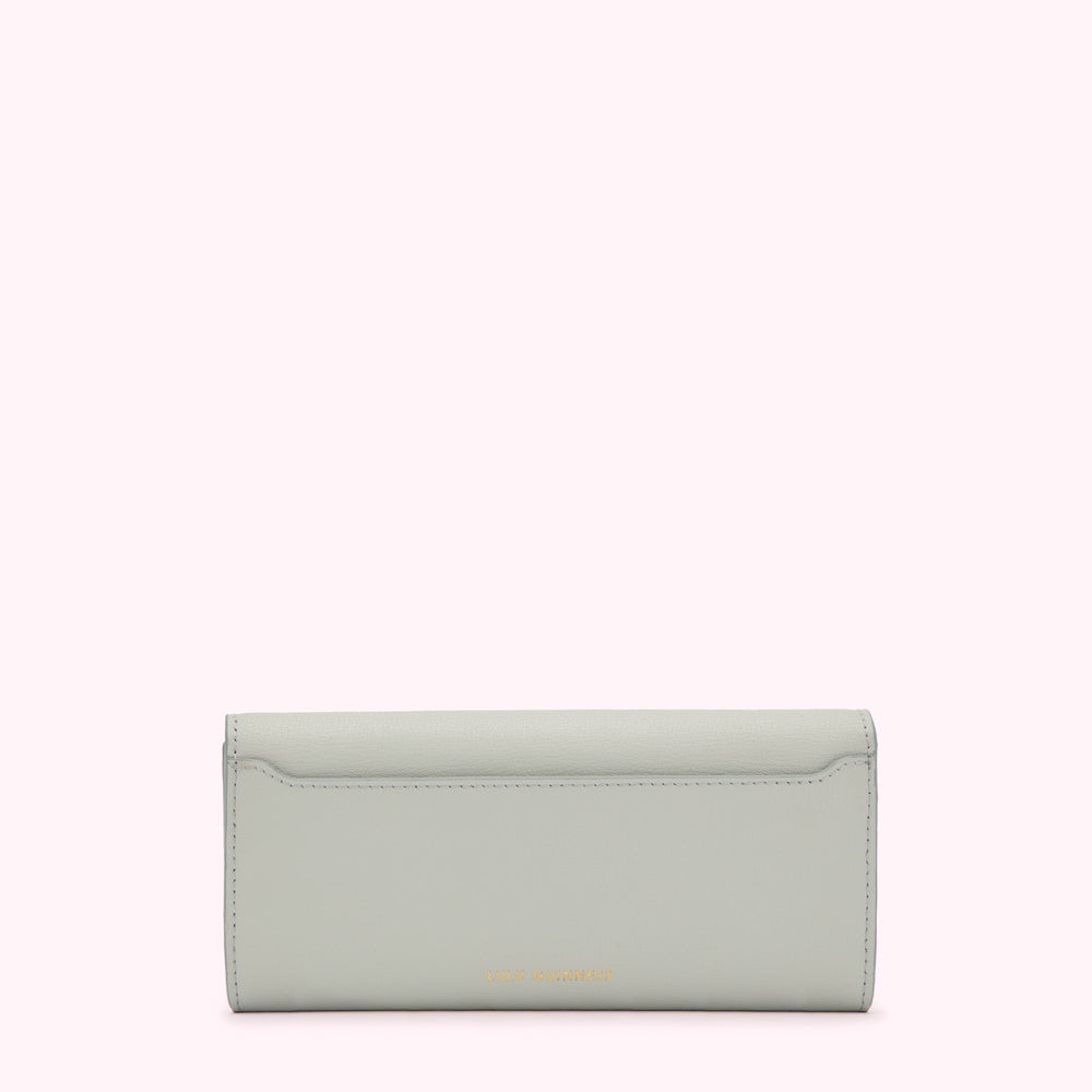 Light grey leather wallet on white background.
