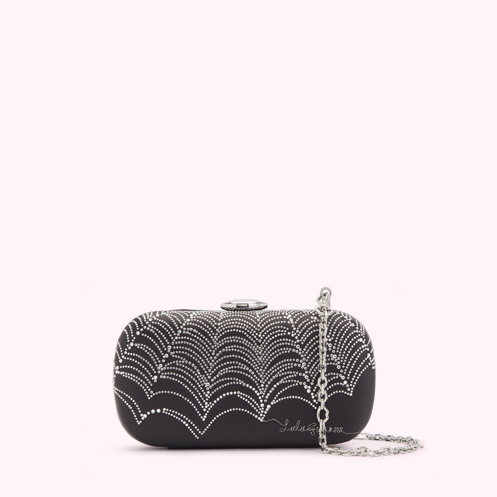 Black satin clutch embellished with silver crystal detailing and a silver chain strap.
