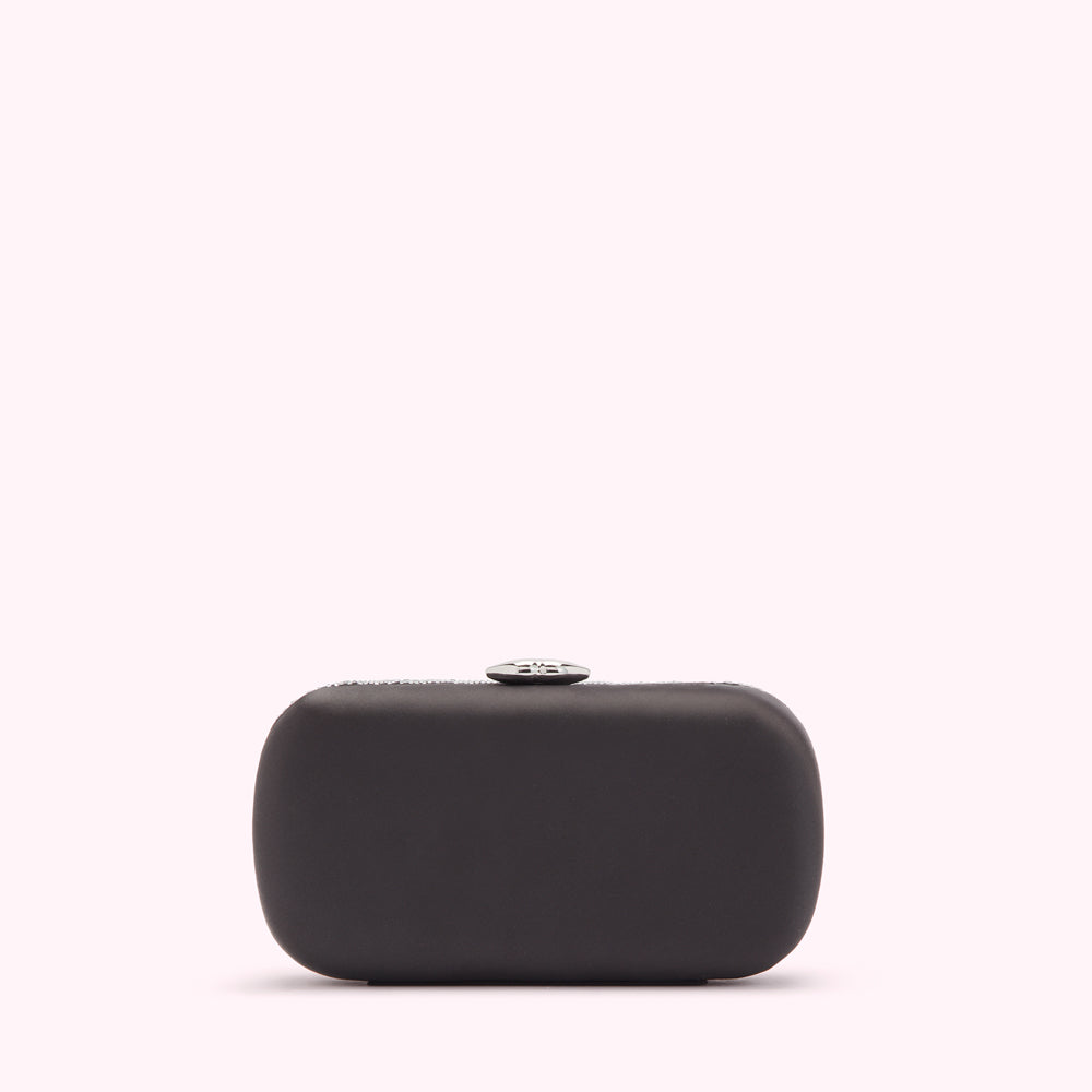 Black satin clutch with a silver clasp against a white background.
