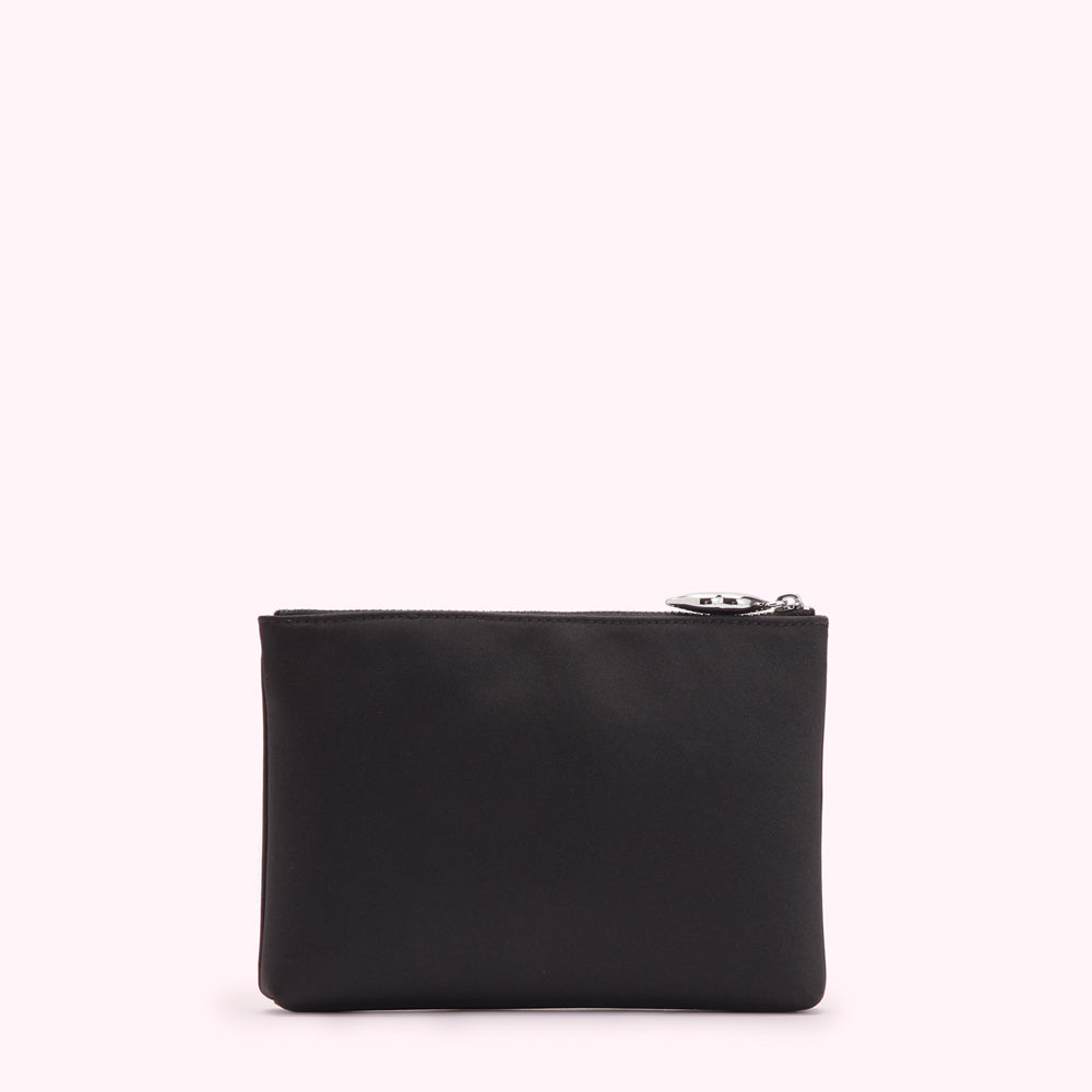 Black rectangular pouch with a silver zipper.
