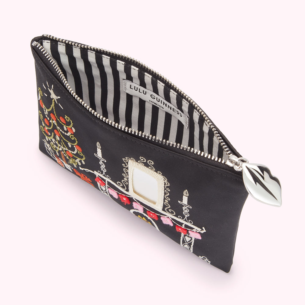 Black Lulu Guinness make-up bag with embroidered Christmas scene and silver zip pull. The inside lining is black and white striped.
