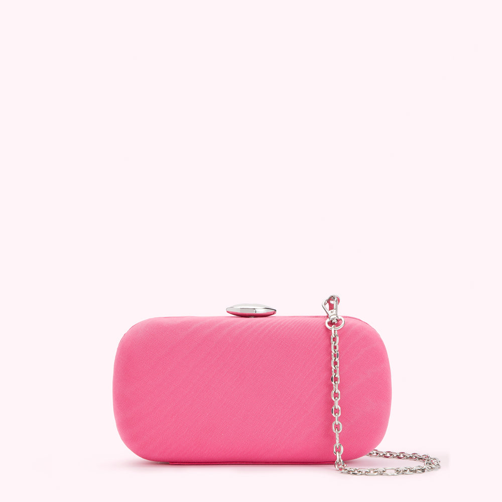 Pink clutch with silver chain.