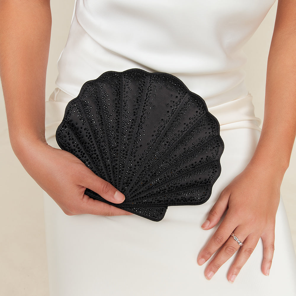BLACK SATIN SHELL CLUTCH WITH SWAROVSKI® CRYSTALS
