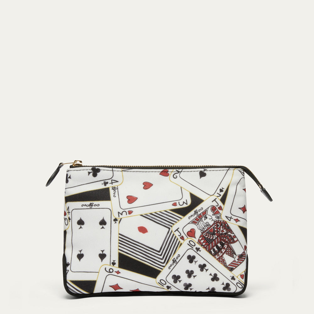 A rectangular zip pouch featuring a collage print of playing cards, including the Queen of Clubs, Eight of Hearts, and Jack of Spades, with a gold zipper and black trim.