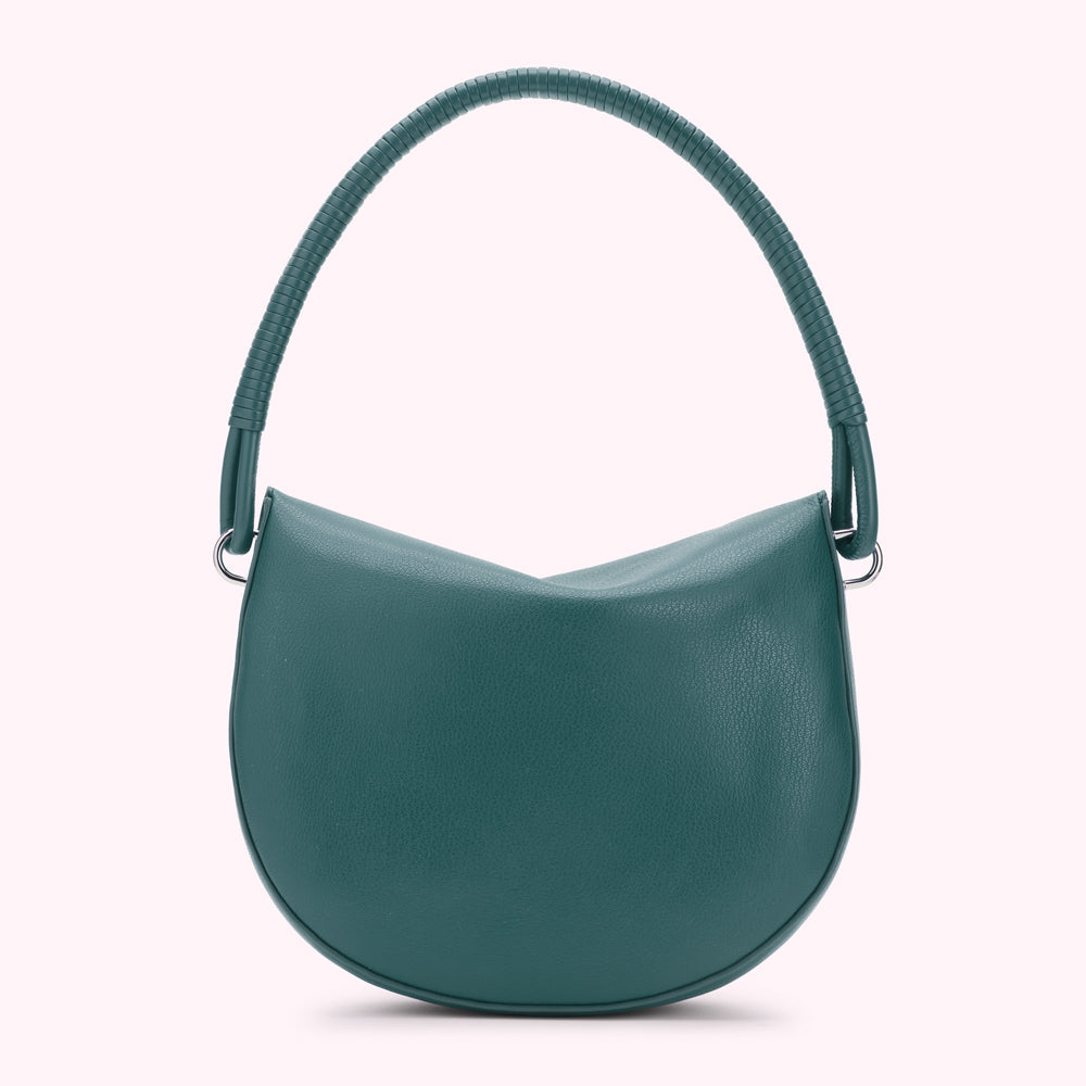 Teal leather hobo handbag with a twisted top handle.
