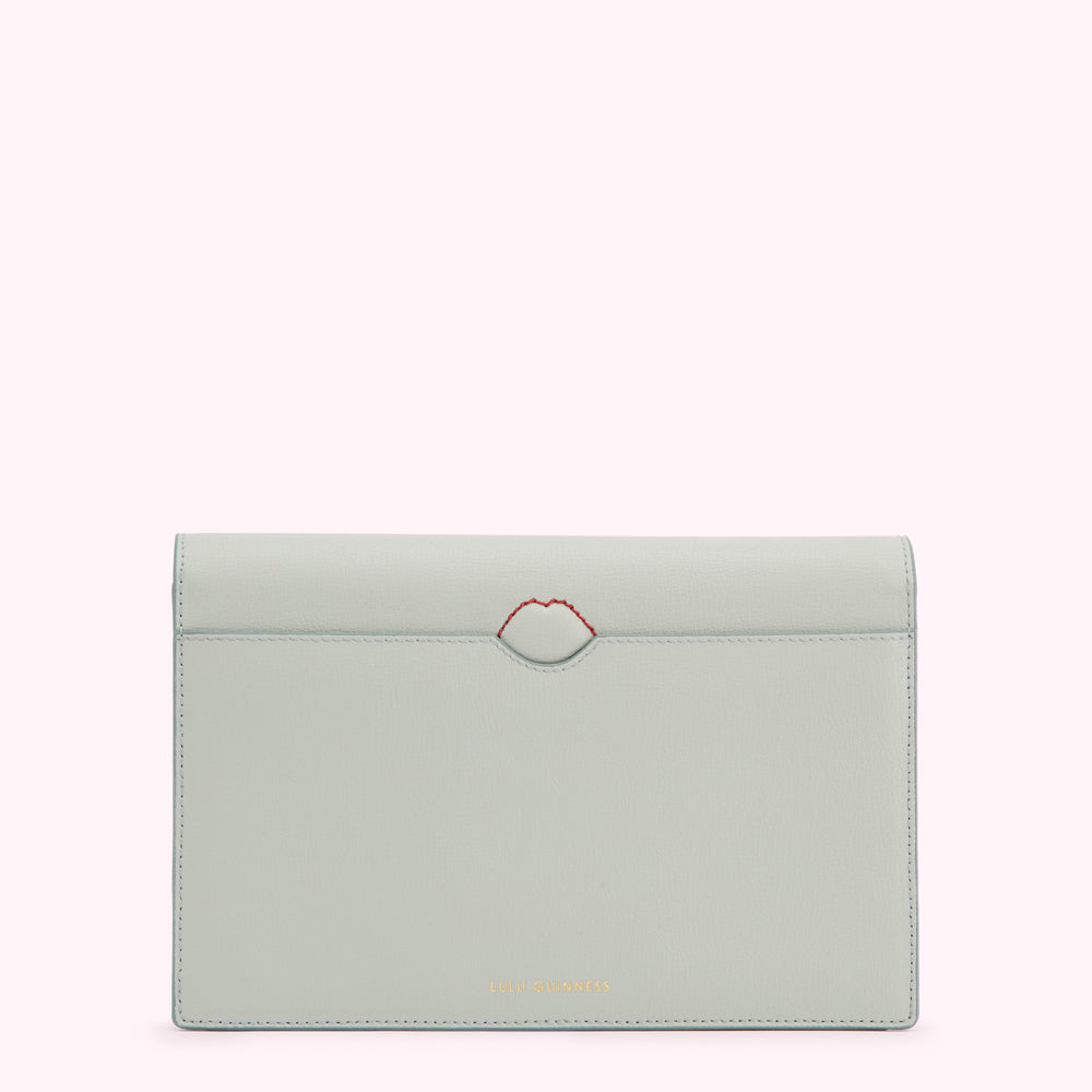 Light grey leather Lulu Guinness wallet with red lip detail.

