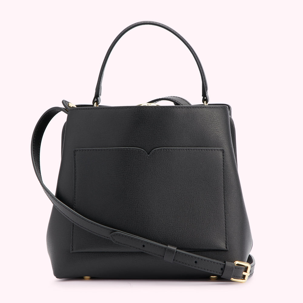 Black leather satchel bag with a top handle and crossbody strap.
