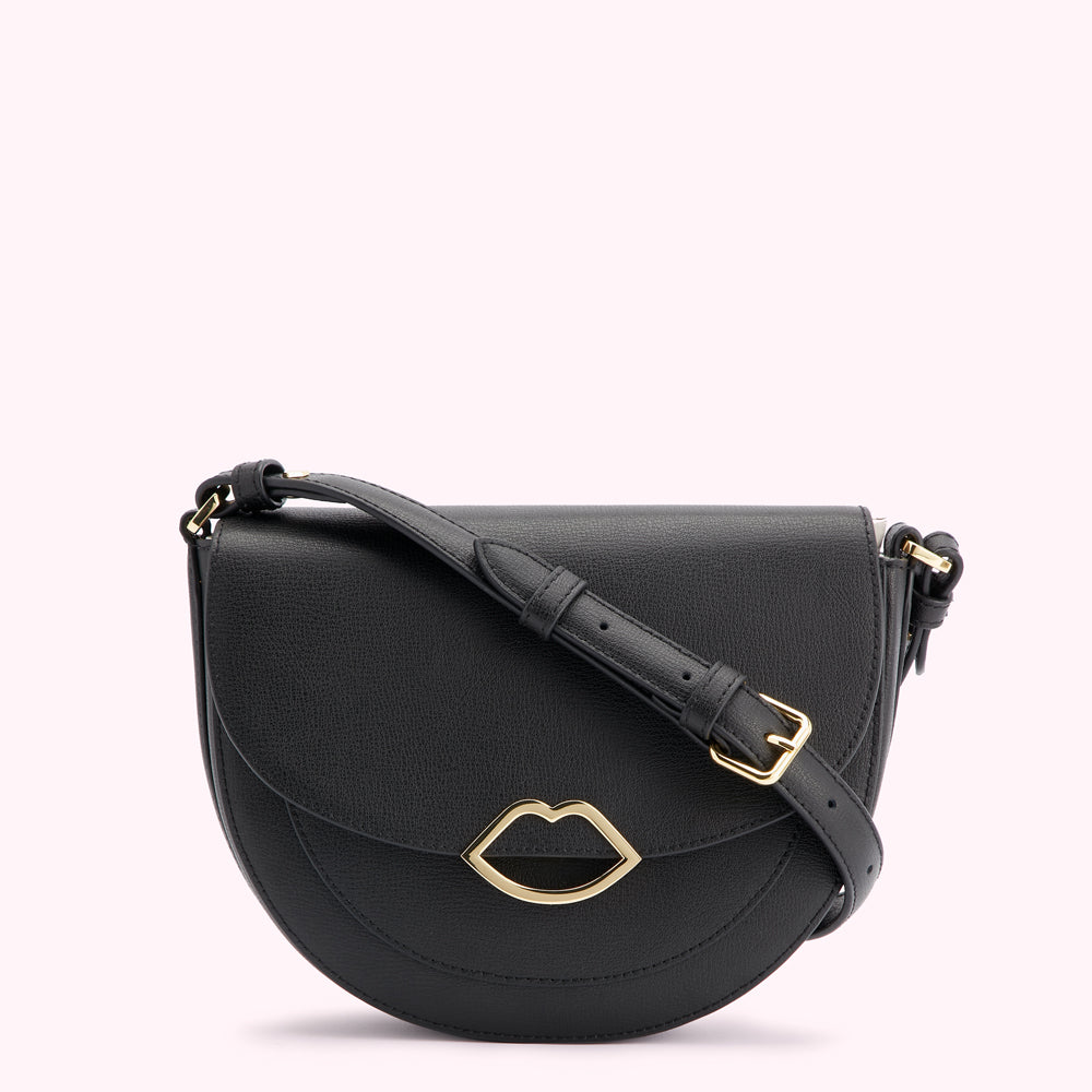 Black half-moon crossbody bag with gold lip detail.