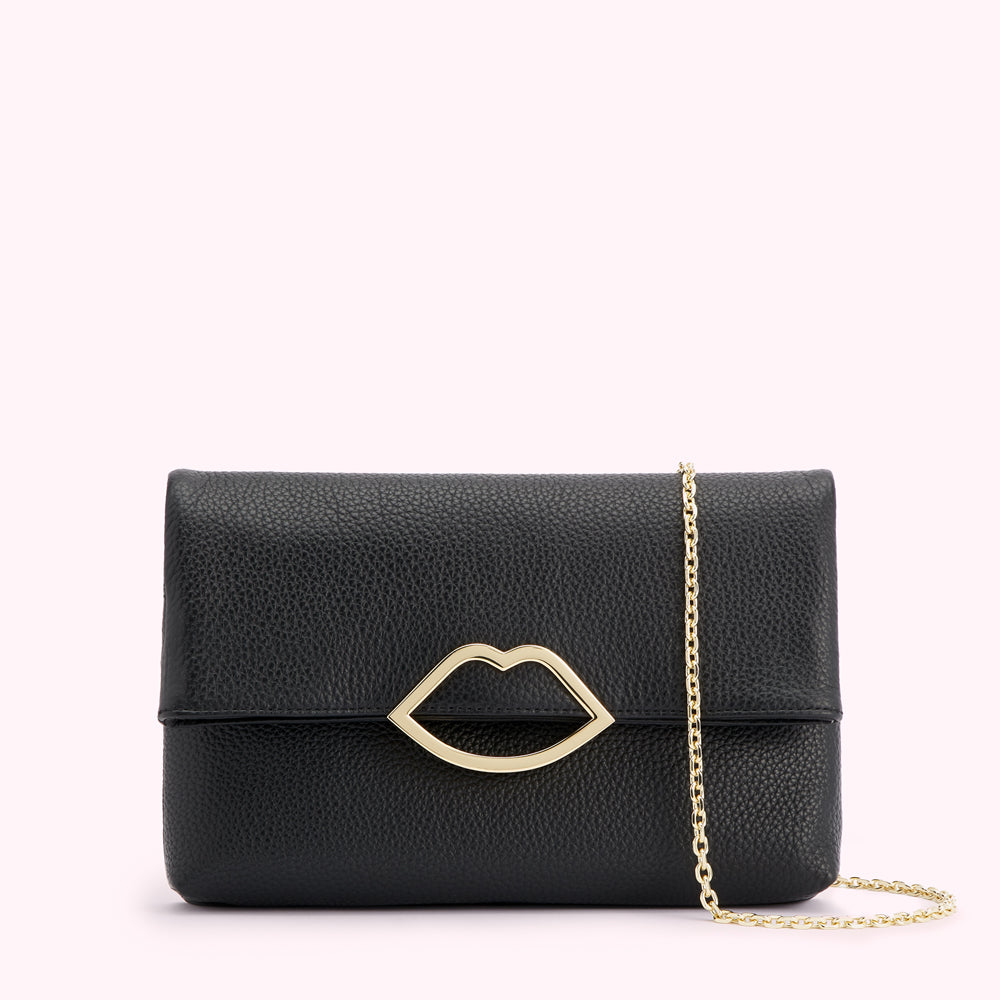 Black leather clutch with gold lip-shaped detail and gold chain strap.
