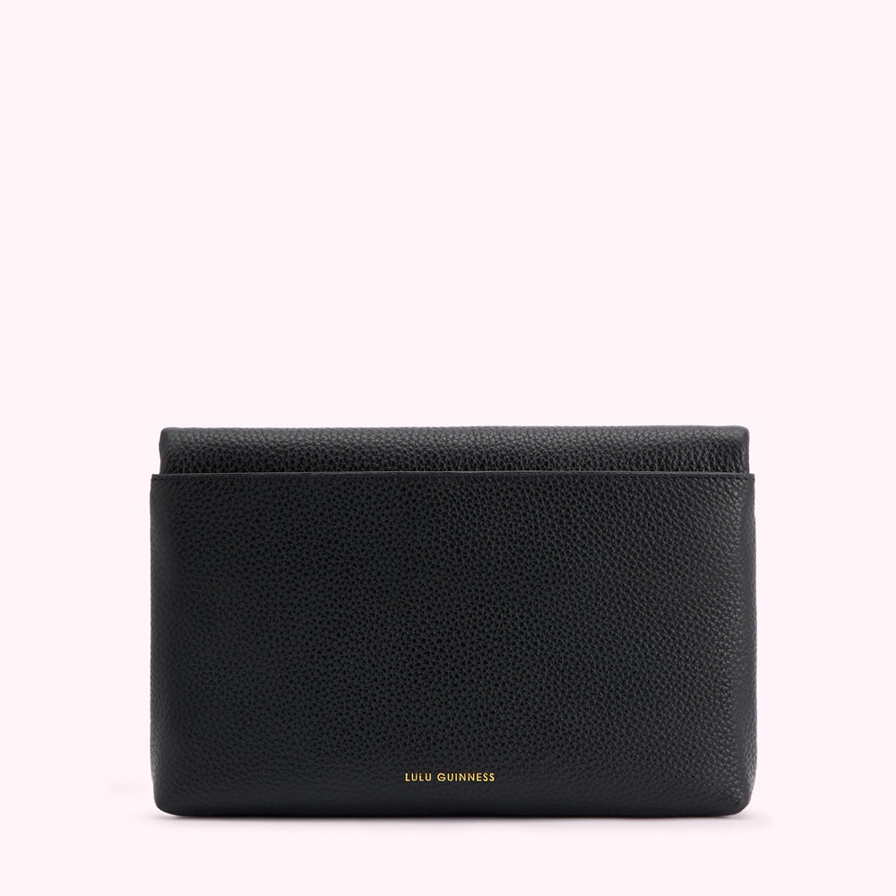 Black Lulu Guinness wallet, rear view.
