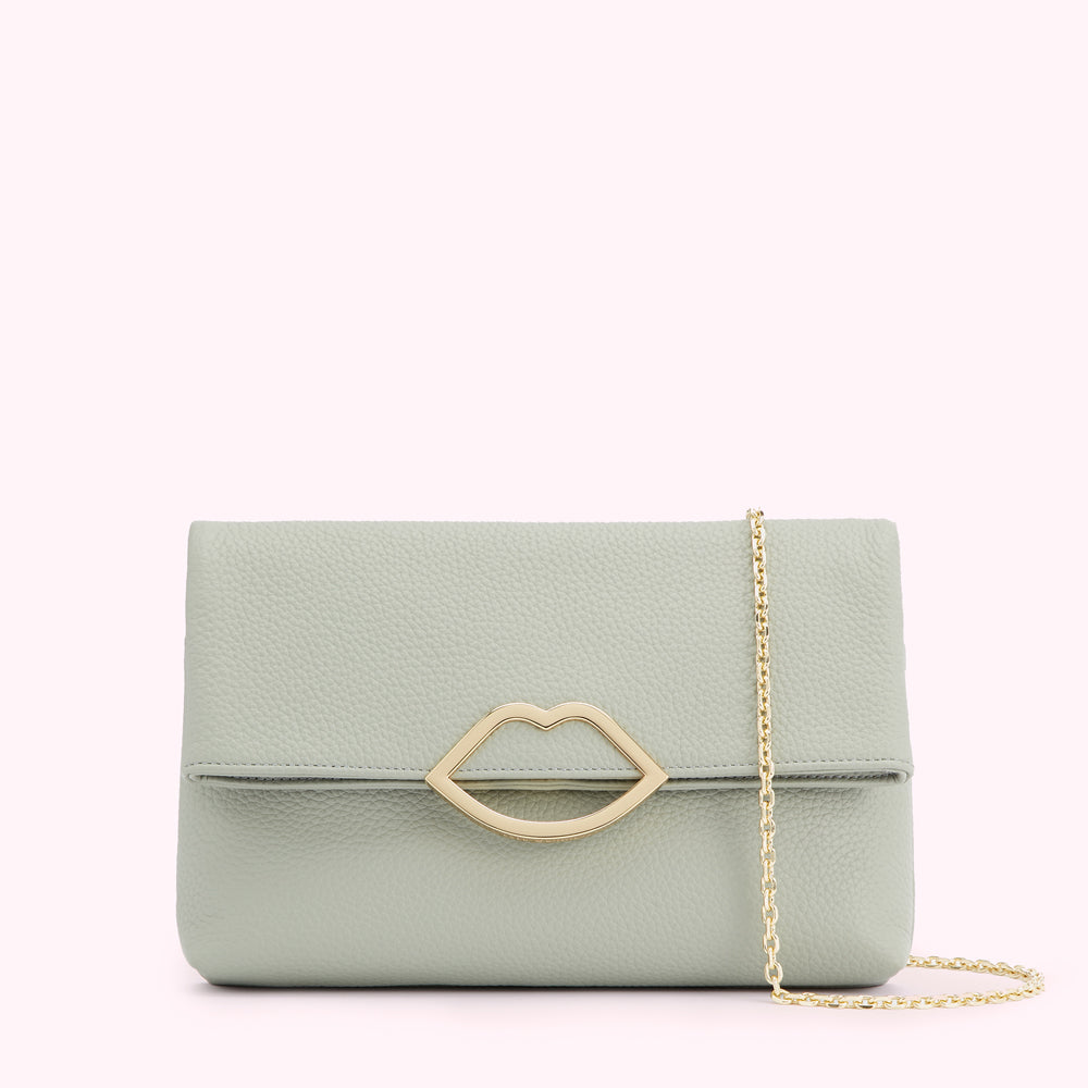 Sage green leather clutch with gold lip-shaped clasp and gold chain strap.
