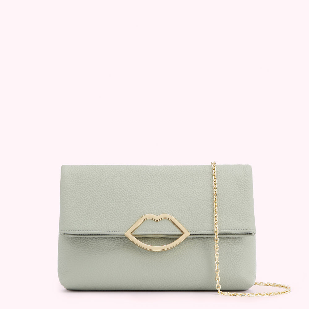 Sage green leather clutch with gold lip-shaped clasp and chain strap.
