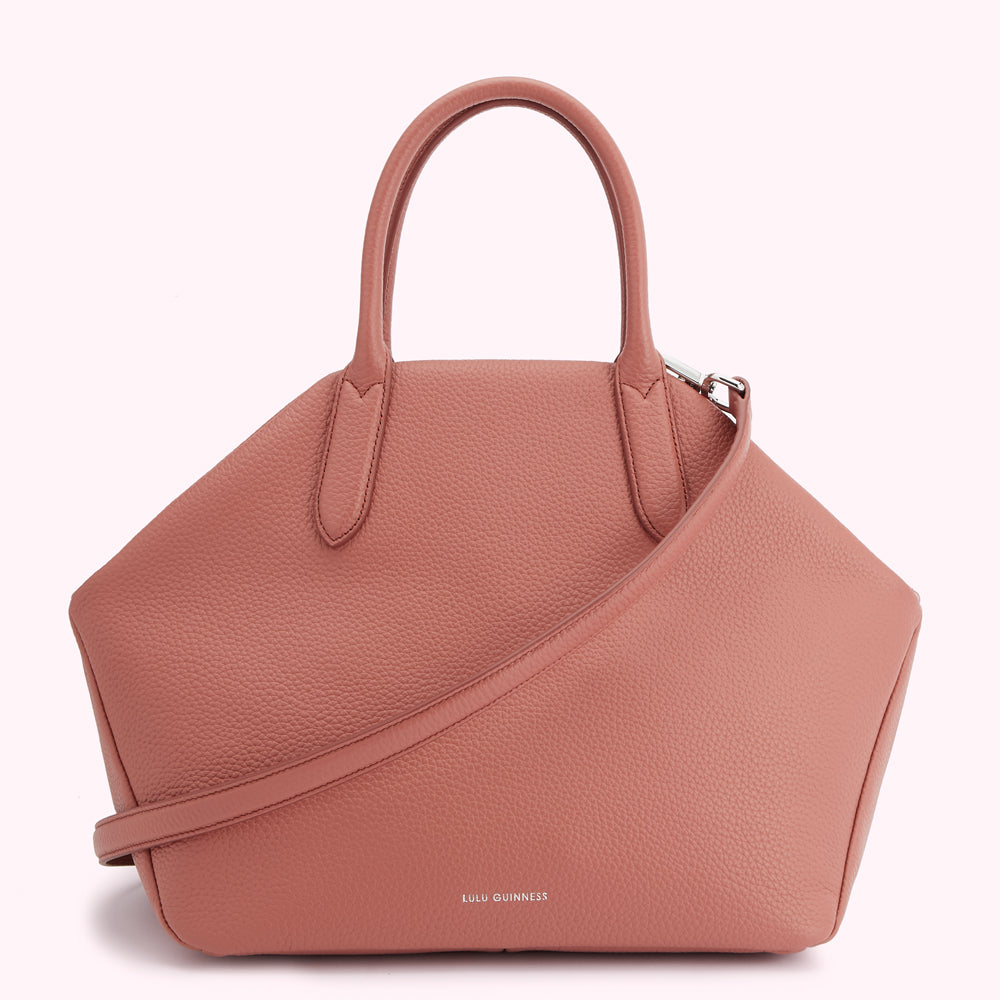 Dusty rose Lulu Guinness satchel bag with top handles and detachable shoulder strap.
