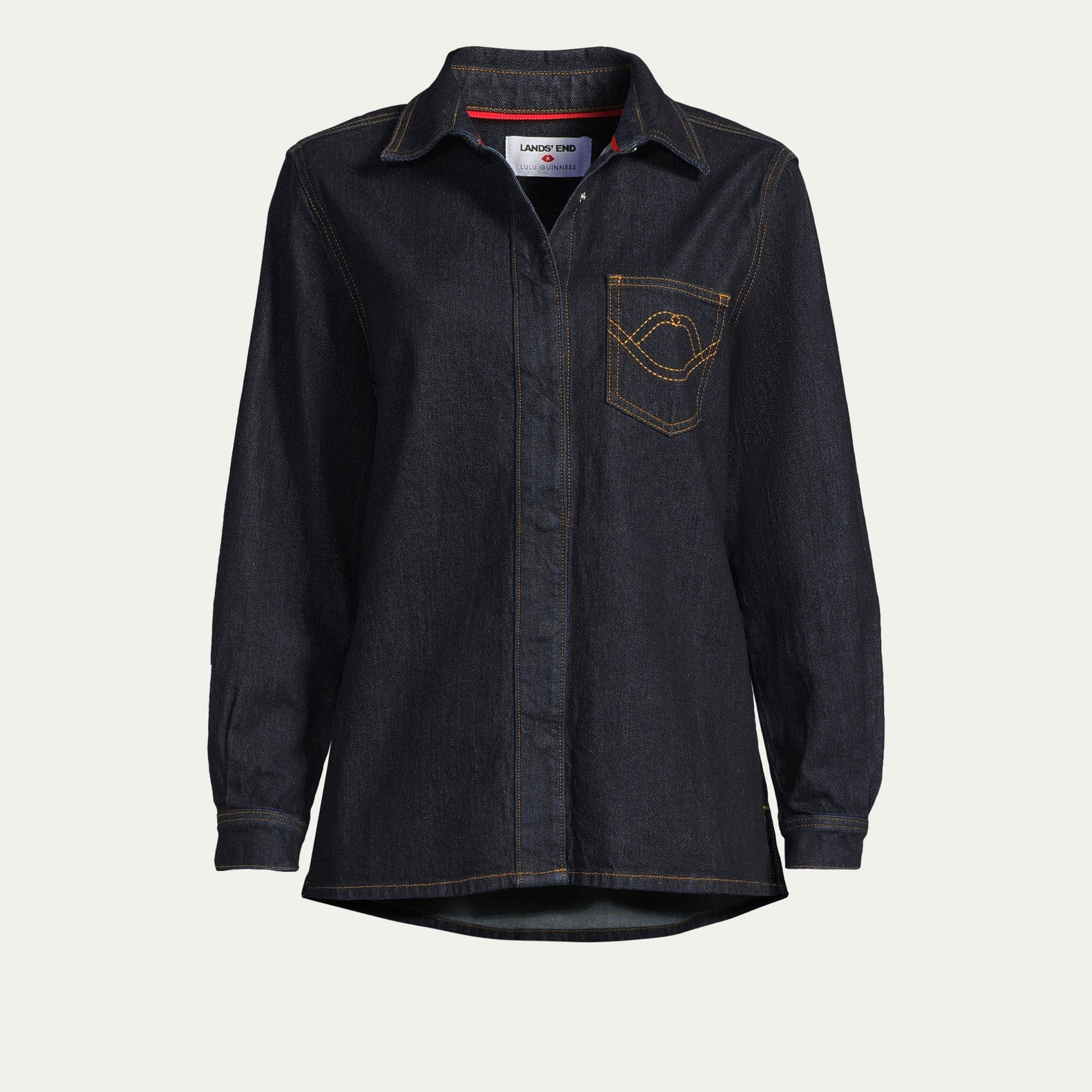 Lulu Guinness Luxury Clothing for Women 2 Dark denim shirt with a pocket on a light gray background