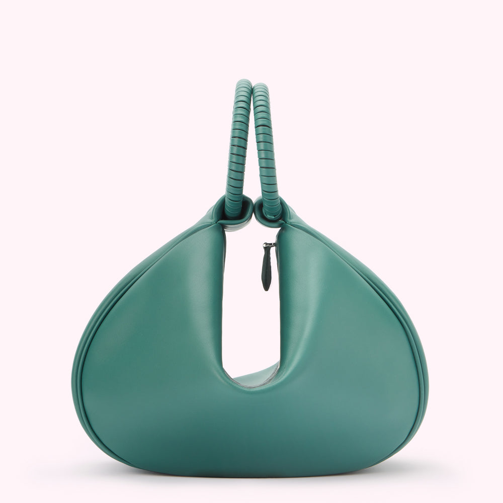 Teal leather handbag with a unique, curved shape and twisted top handles.
