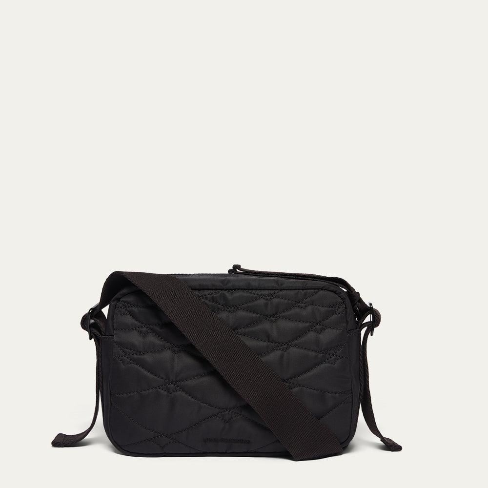 Black quilted crossbody bag on a light gray background