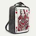 A square white boucle backpack designed with a red and black illustrated queen playing card on front with black stripe side panels and zipped top opening and back straps.