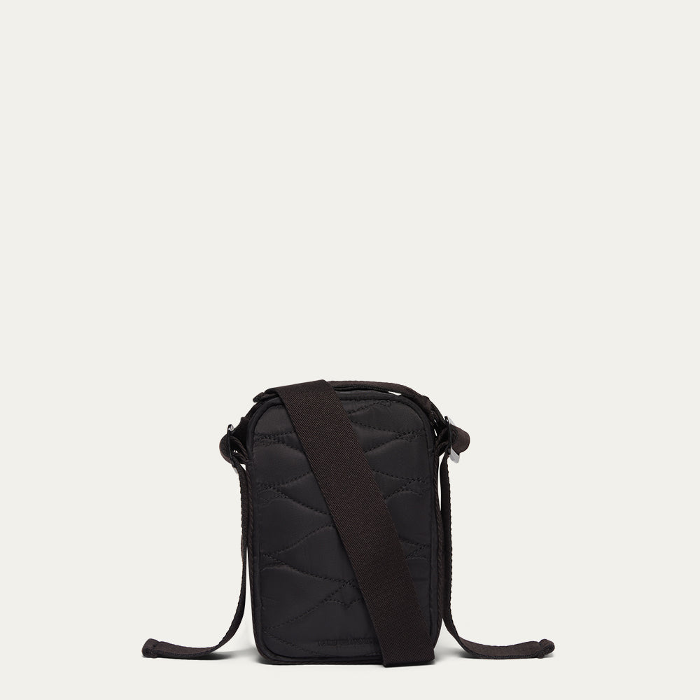 Black quilted crossbody bag on a light gray background