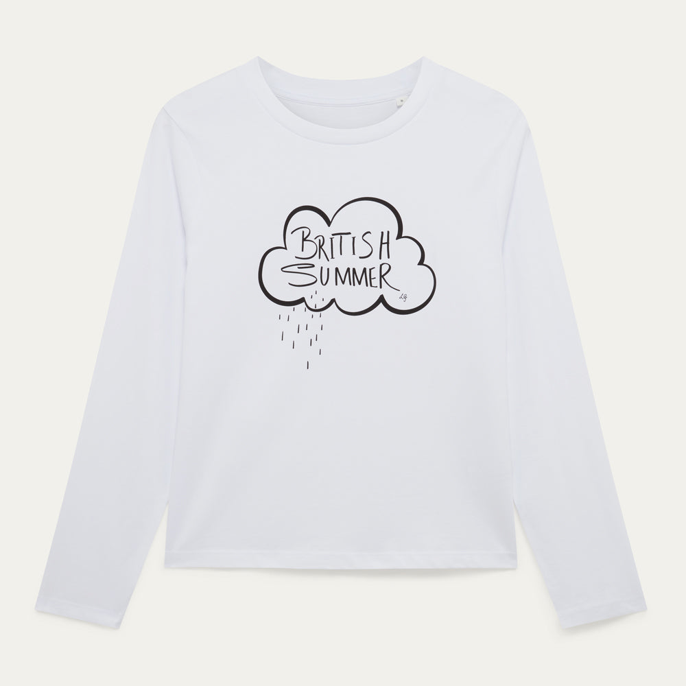 White long-sleeve shirt with 'British Summer' graphic on a light gray background