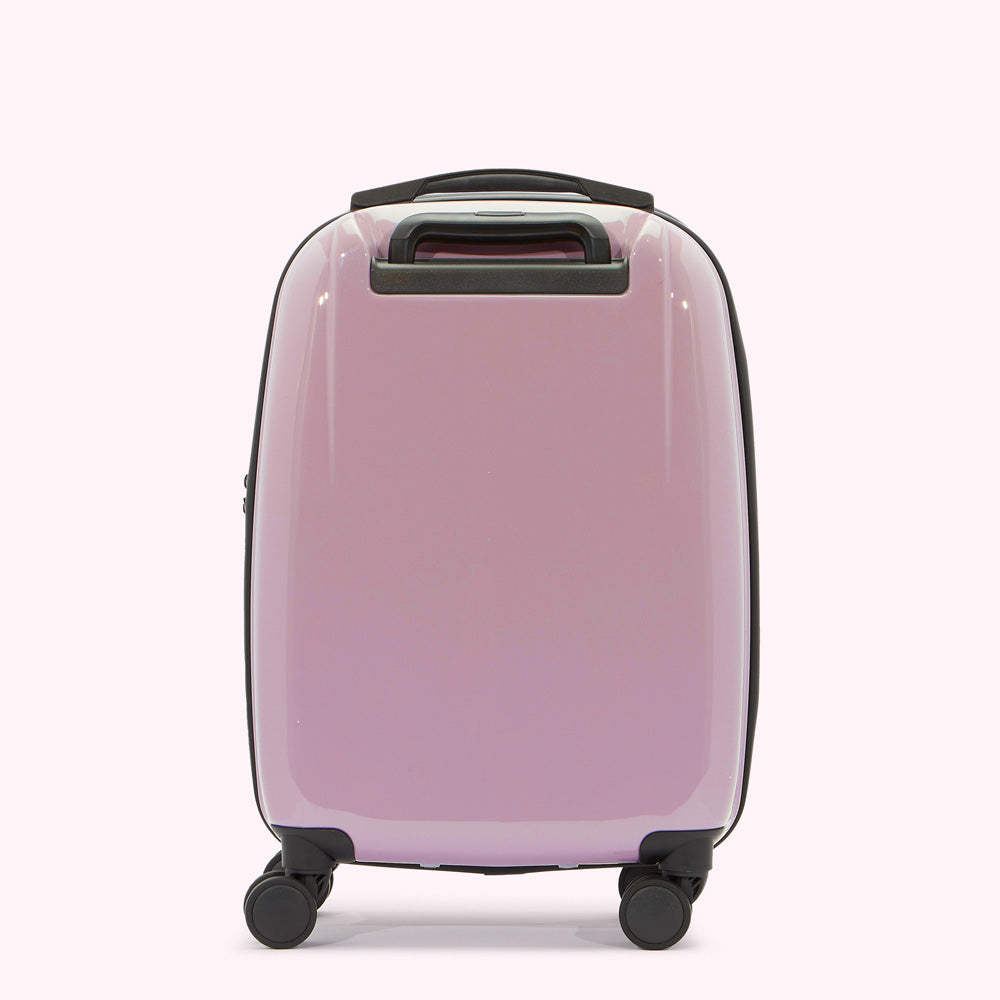 A lavender-coloured carry-on suitcase with black wheels and handle, viewed from the back.