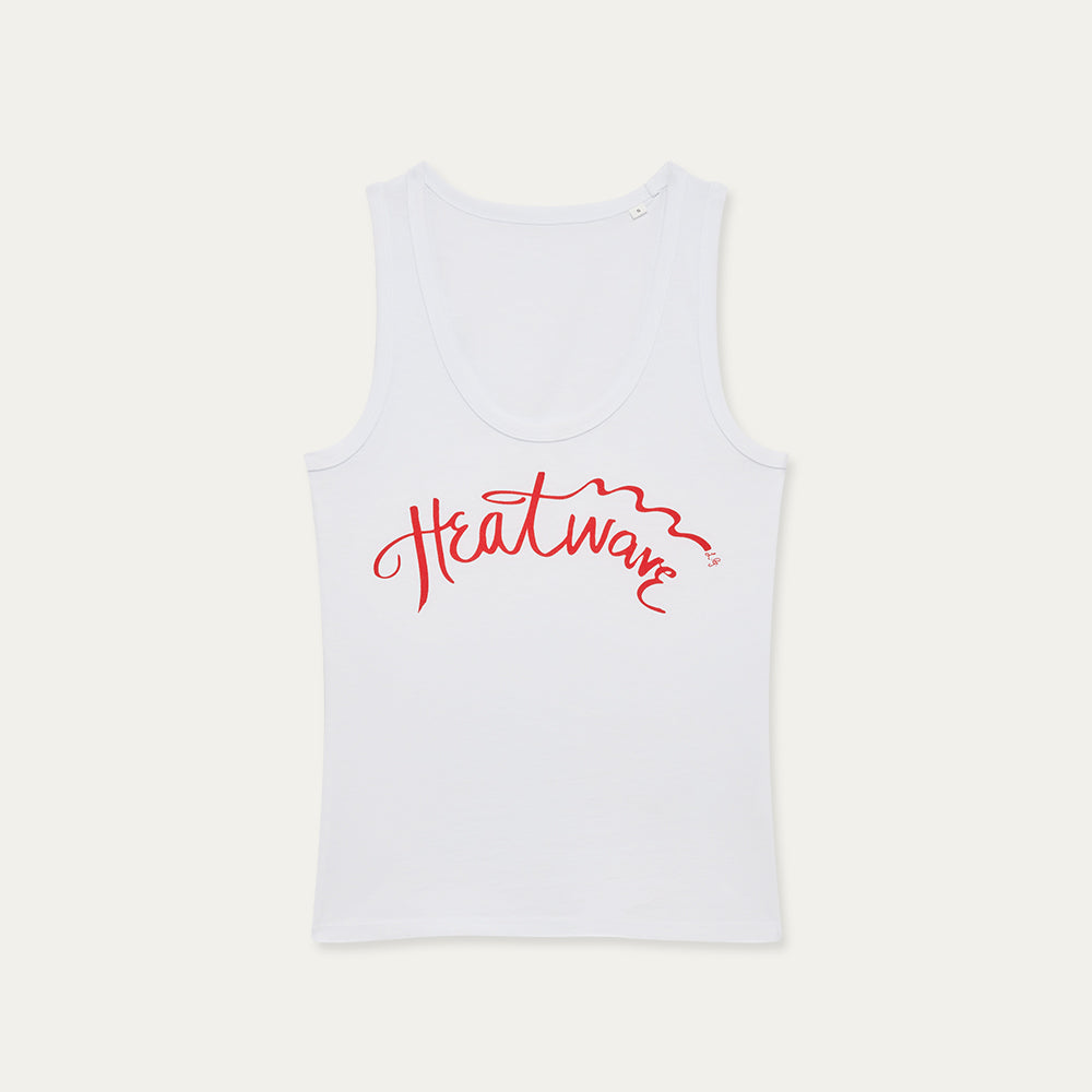 White tank top with red 'Heatwave' text on a white background