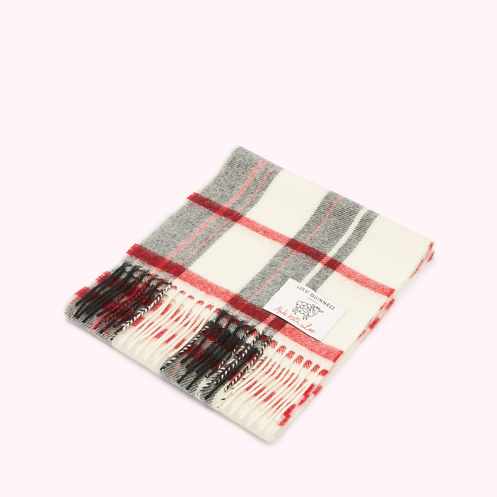 Cream, red, and grey plaid or tartan wool scarf with Lulu Guinness label.
