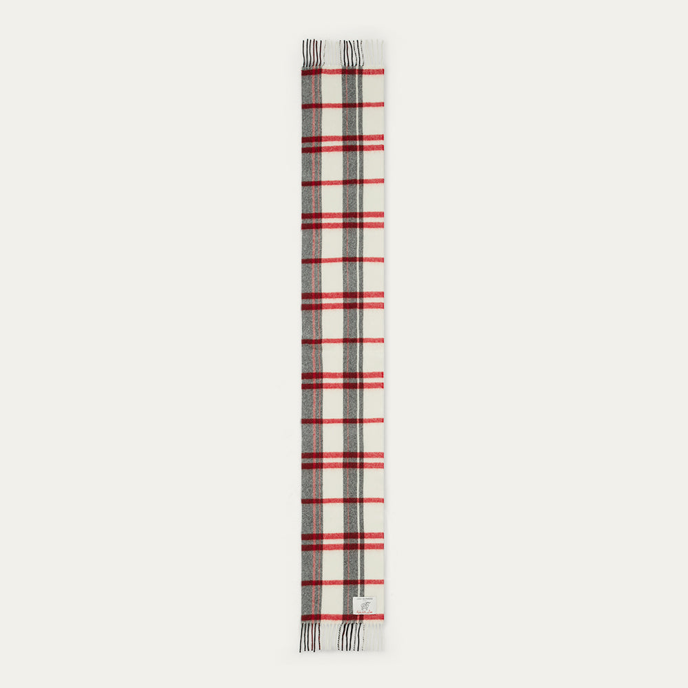 Plaid scarf with red and gray pattern on a white background