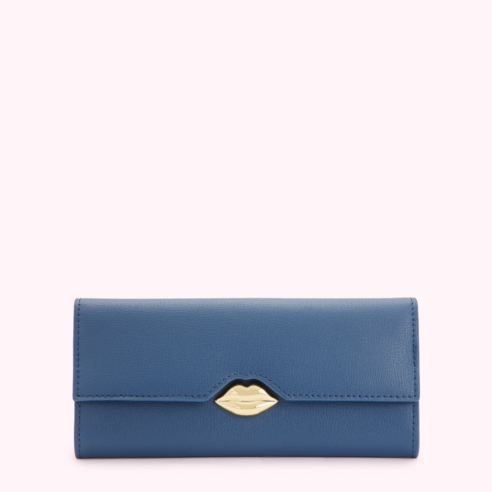 A blue leather wallet with a gold lip-shaped clasp against a white background.
