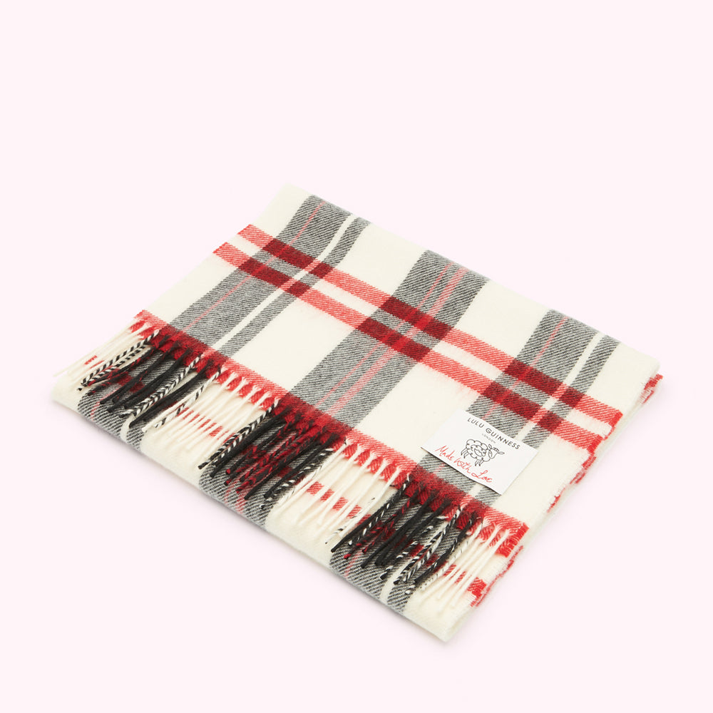 Cream, red and grey plaid or tartan Lulu Guinness scarf with fringed edges.