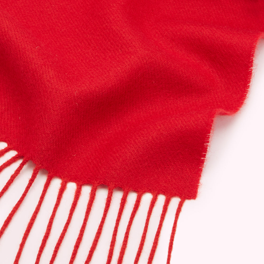 Close-up of a red fringed scarf against a white background.
