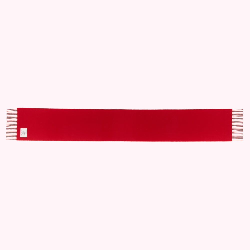 A solid red scarf with frayed edges.
