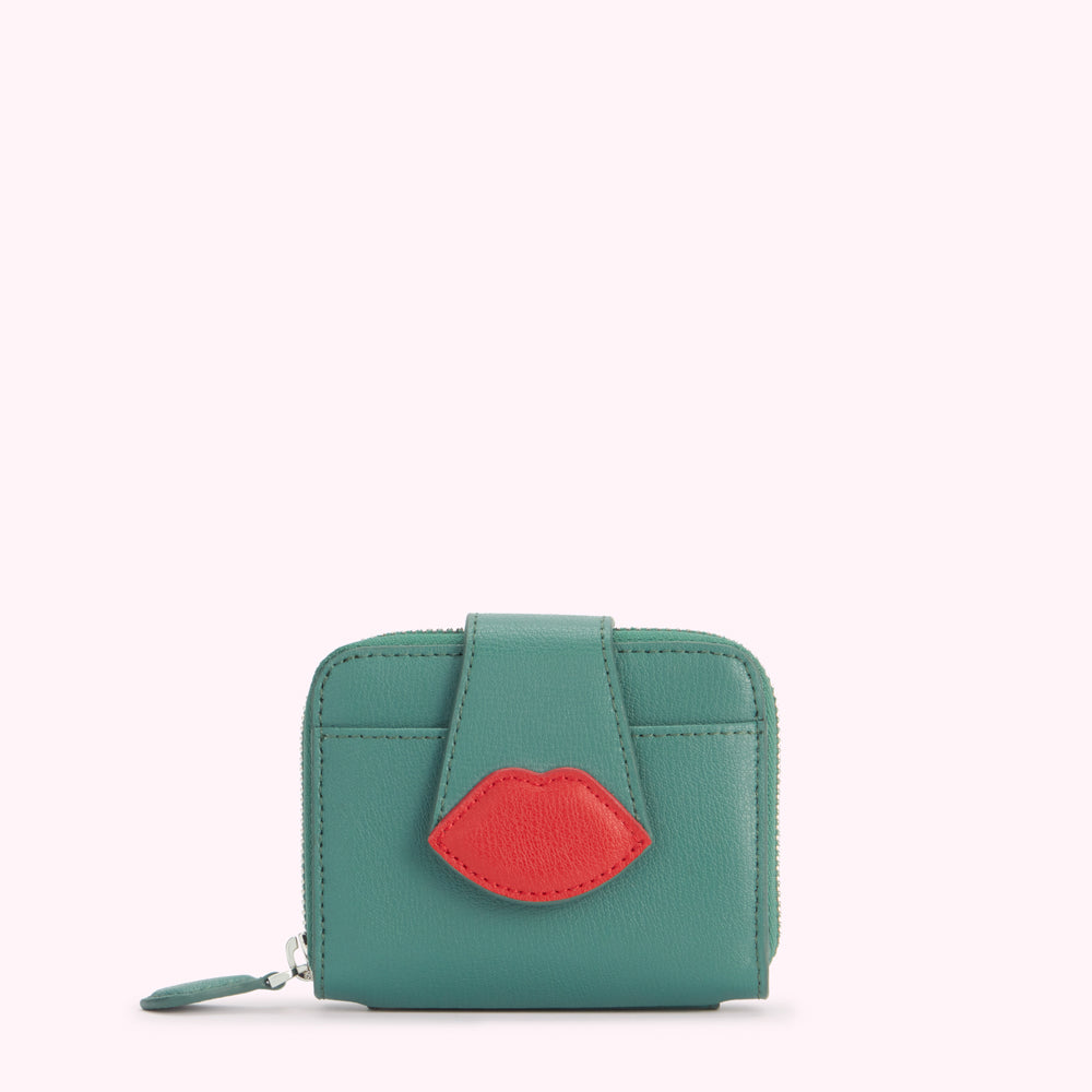 Teal leather wallet with a red lip detail.
