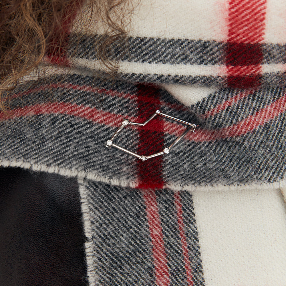 Lip shaped constellation brooch with star and crystal details pinned on a checkered fabric background