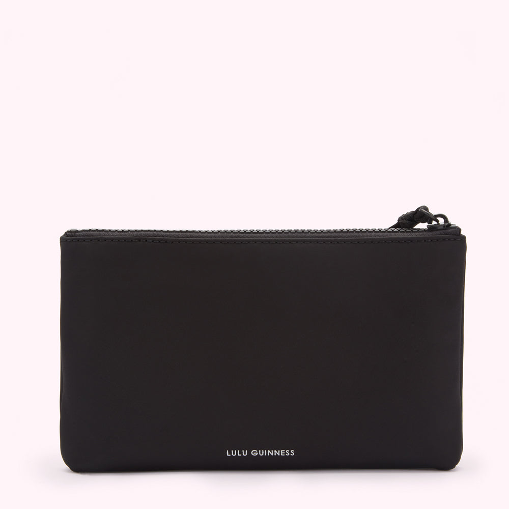 Black Lulu Guinness zip pouch on white background.
