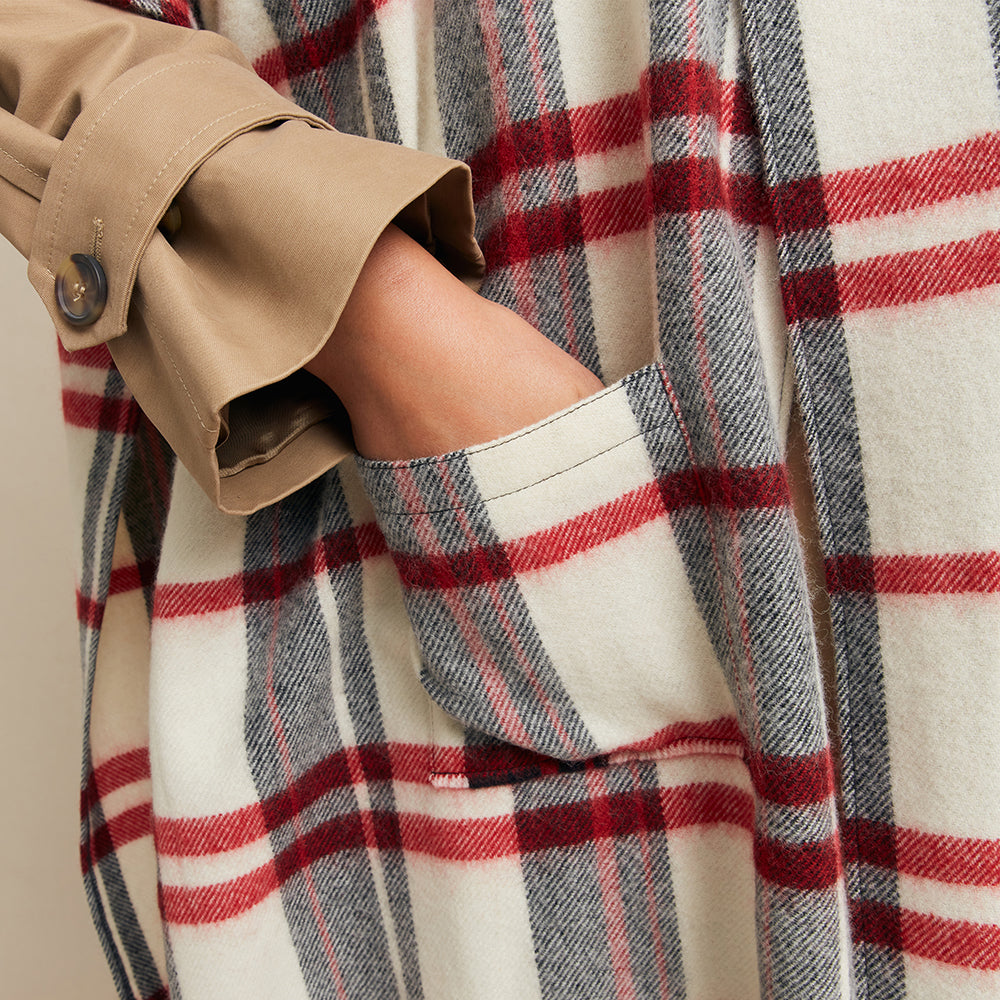 Close-up of a person wearing a beige coat with a red and gray plaid patterned over jacket.